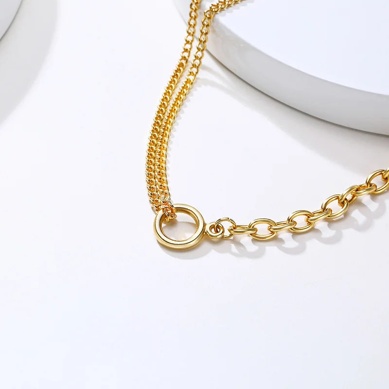 Oval Cable & Double Cuban Chain Necklace with Open Circle Pendant