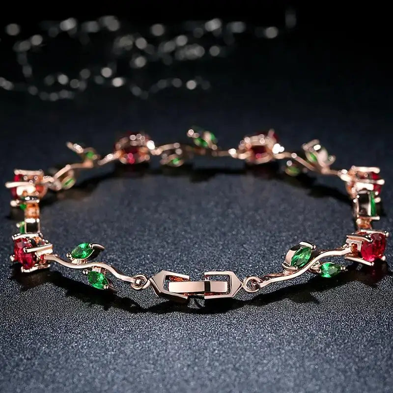 Rose Gold Leaf Link Bracelet with Red & Green Zircon