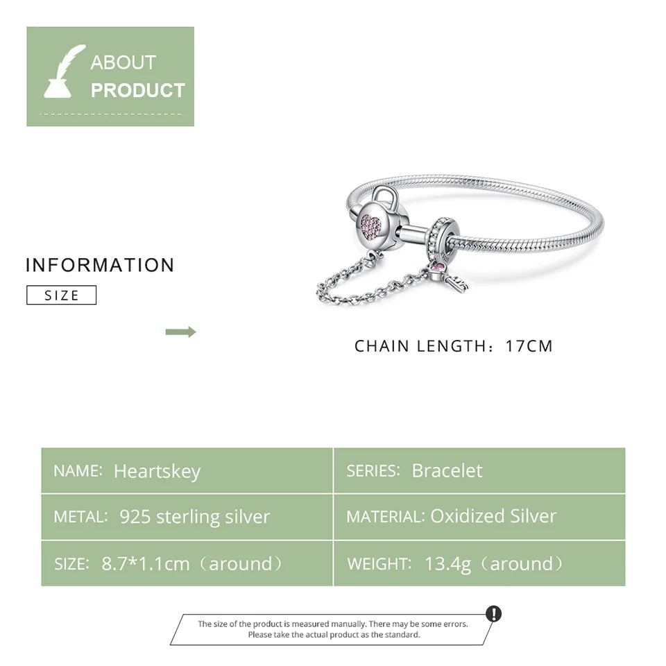 Silver Snake Chain Bracelet with Pink Heart Zircon Lock & Key Charm