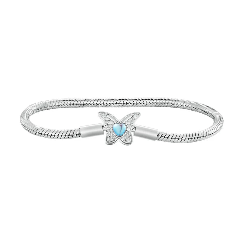 Silver Zircon Rose Clasp Snake Chain Charm Bracelet