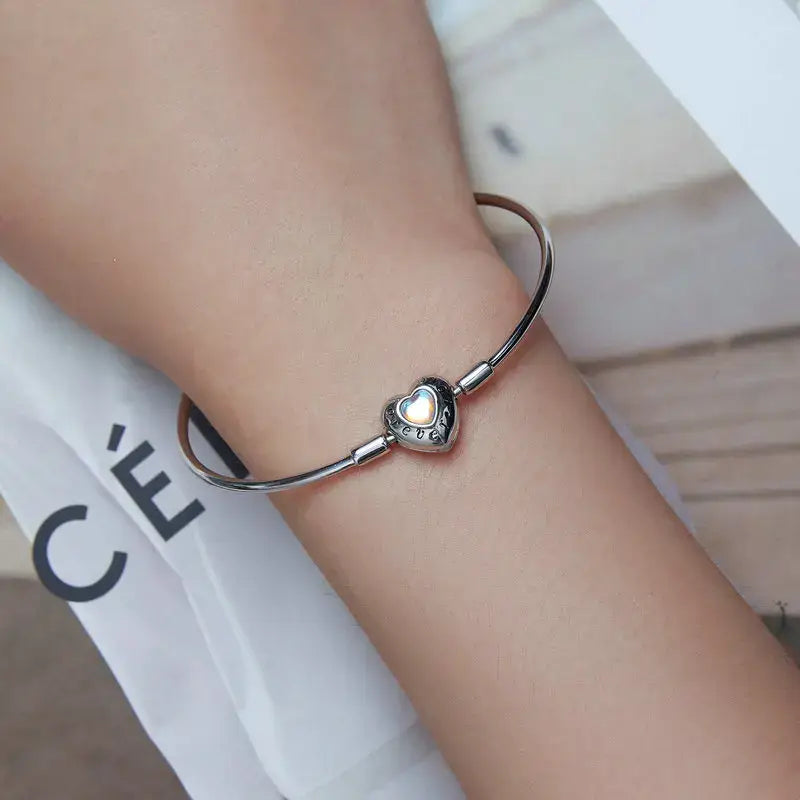 Sterling Silver Heart Charm Bracelet – Women’s Snake Chain Bangle