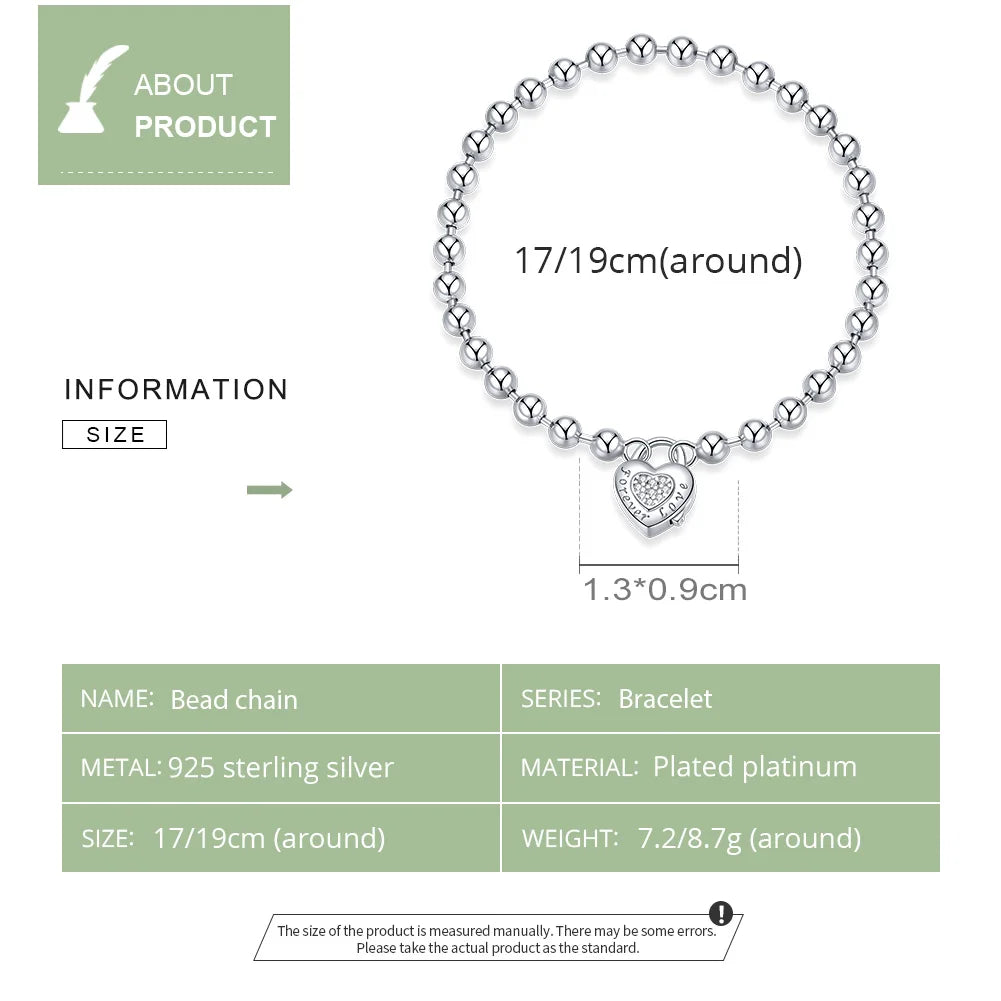 Sterling Silver Simple Love Bead Chain Bracelet for Women
