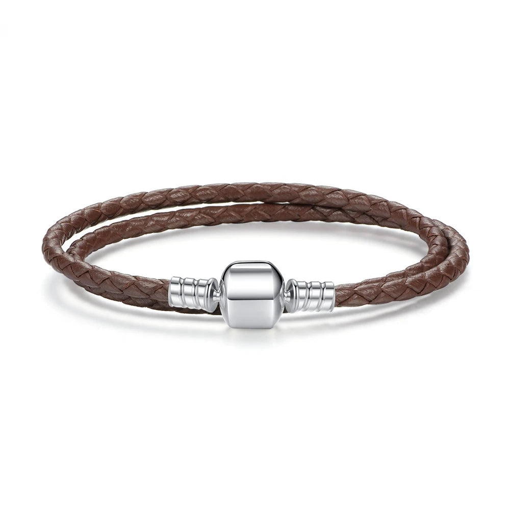 Long Pink & Black Braided Leather Bracelet with Silver Snake Clasp