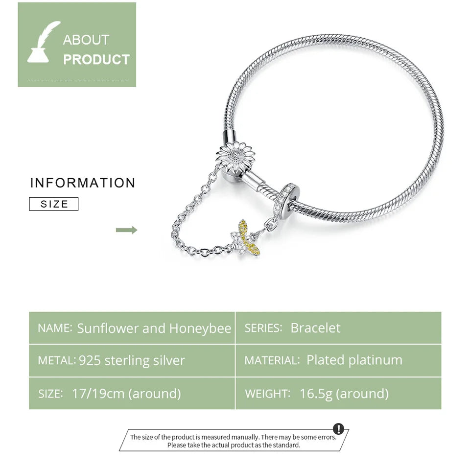 Sterling Silver Snake Charm Bracelet with Sunflower Safety Chain