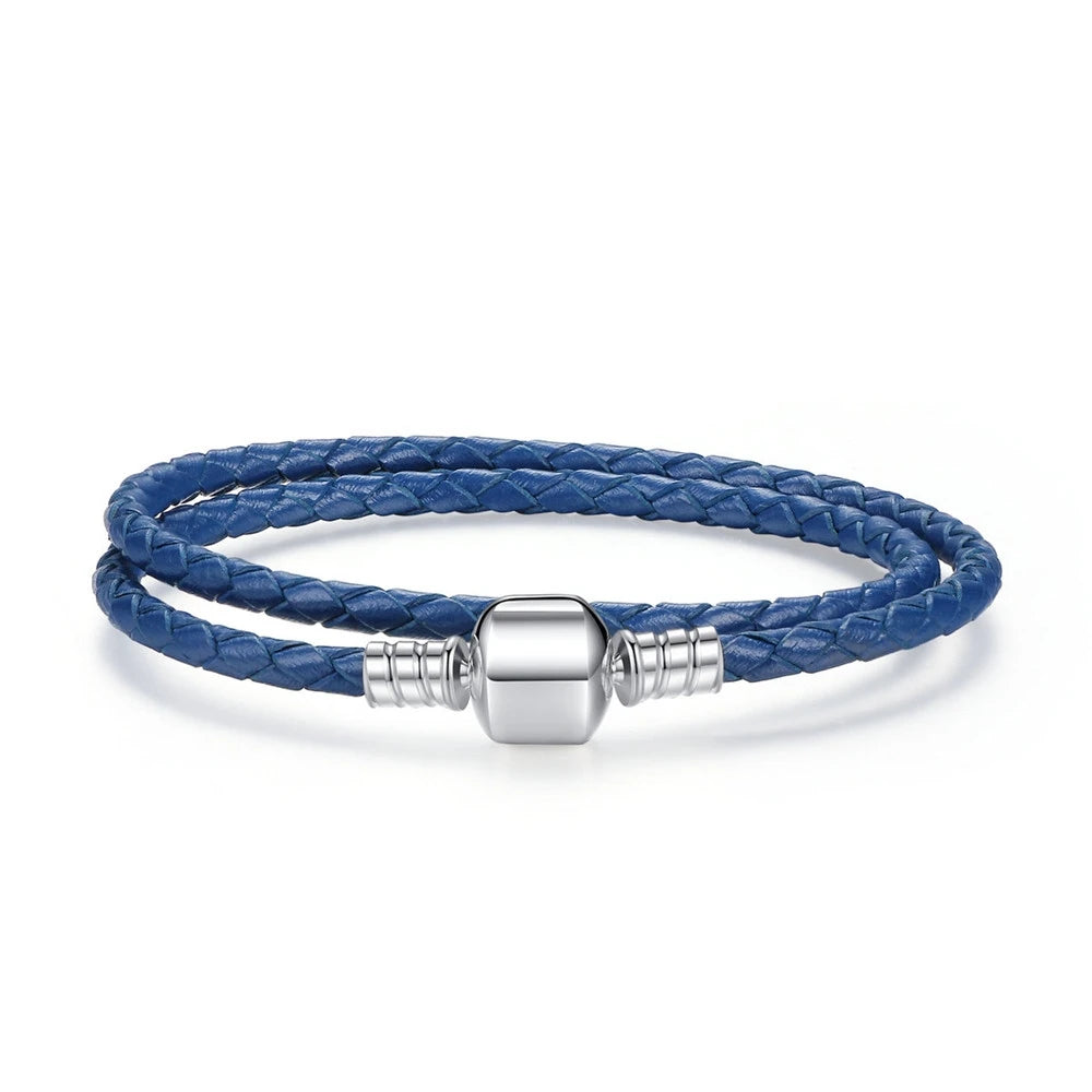Long Pink & Black Braided Leather Bracelet with Silver Snake Clasp