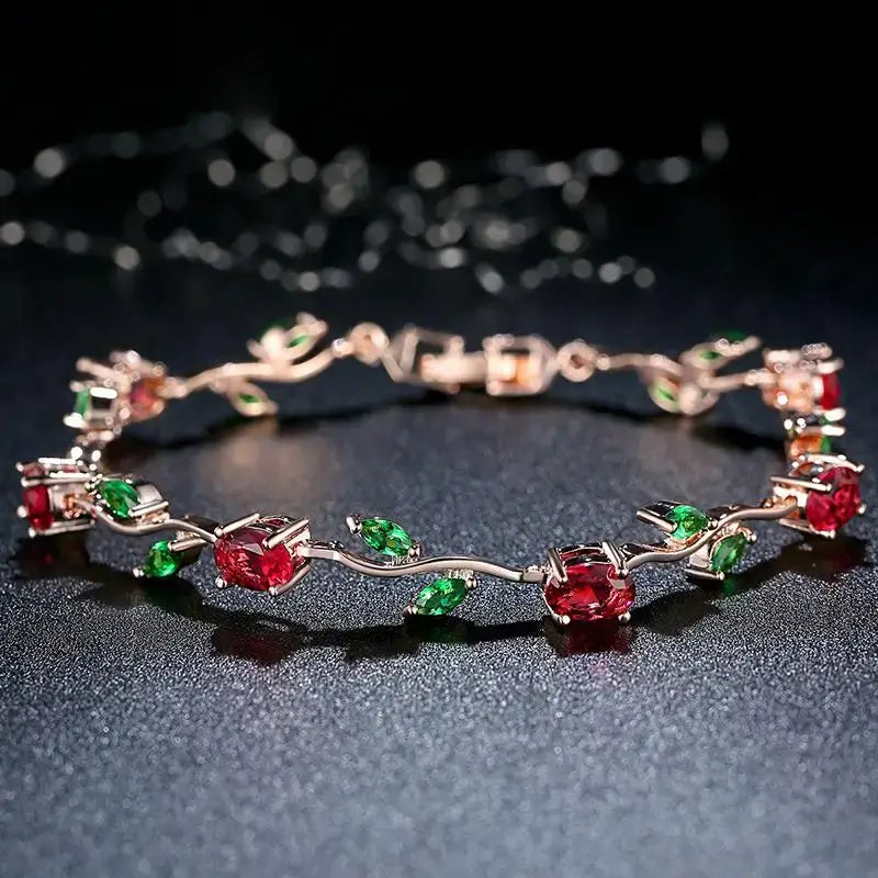 Rose Gold Leaf Link Bracelet with Red & Green Zircon