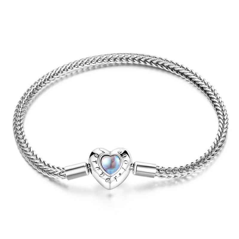 Silver Zircon Rose Clasp Snake Chain Charm Bracelet