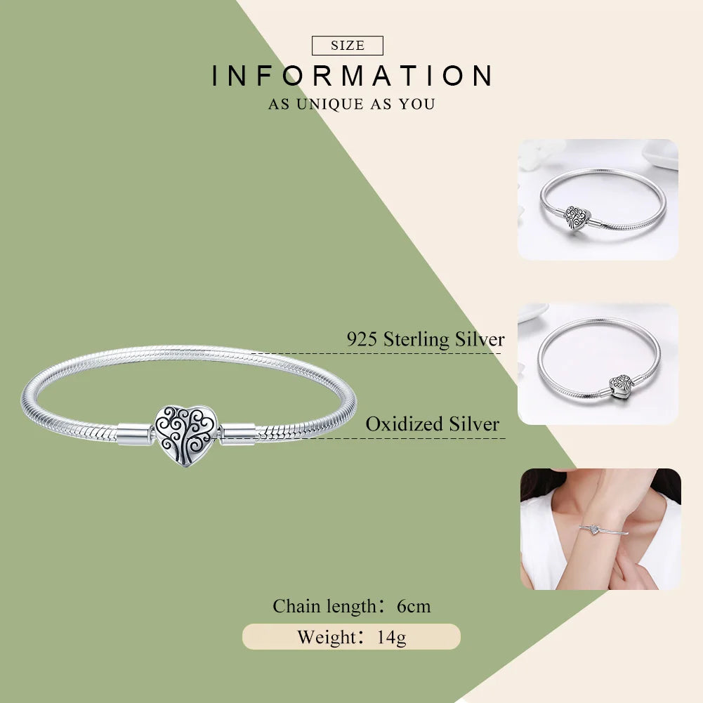Sterling Silver Tree of Life Heart Clasp Snake Chain Bracelet