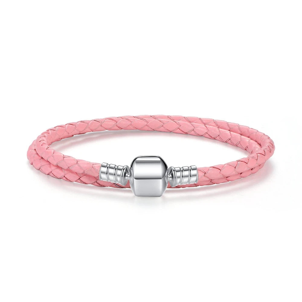 Long Pink & Black Braided Leather Bracelet with Silver Snake Clasp