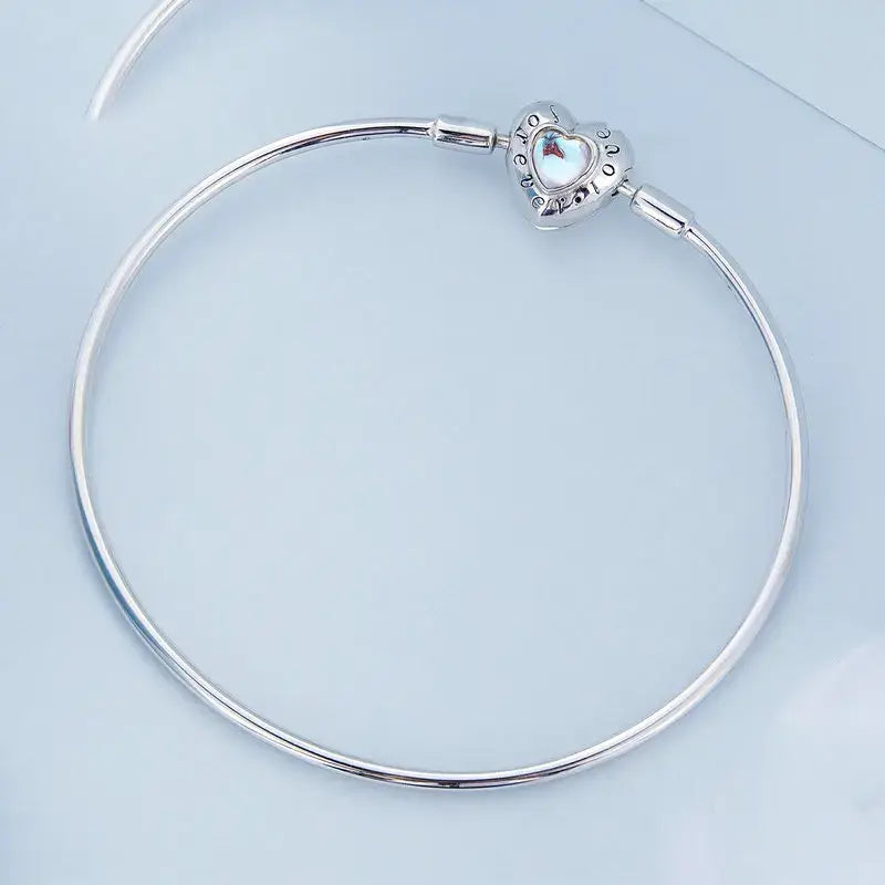 Sterling Silver Heart Charm Bracelet – Women’s Snake Chain Bangle