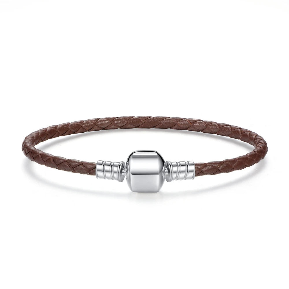Long Pink & Black Braided Leather Bracelet with Silver Snake Clasp