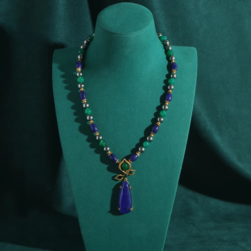 Lapis Lazuli & Pearl Pendant Necklace – Vintage Beaded Chain