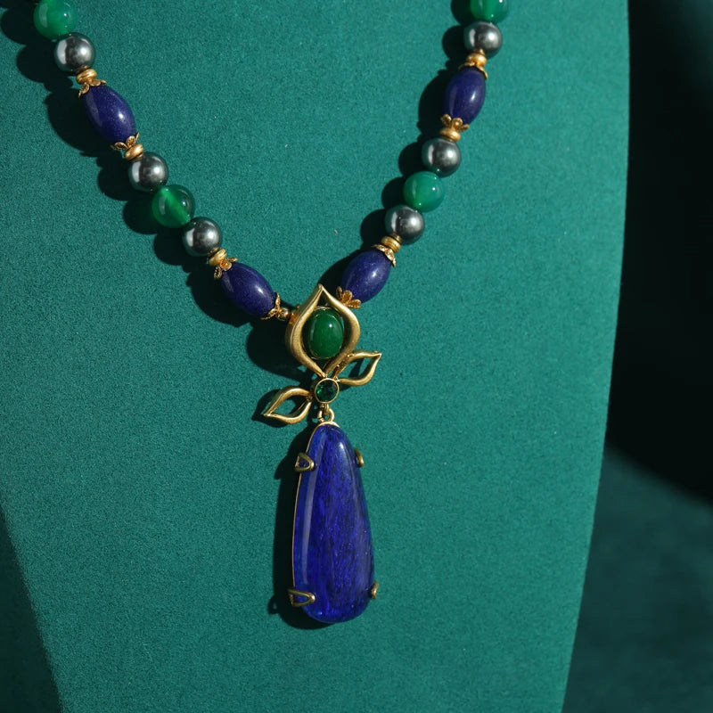 Lapis Lazuli & Pearl Pendant Necklace – Vintage Beaded Chain