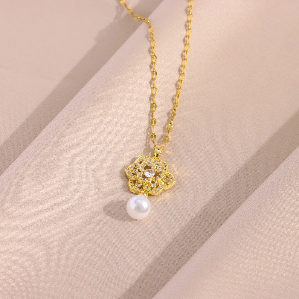 Luxury Retro Zircon Pearl Necklace & Earrings Set – 18K Gold Plated