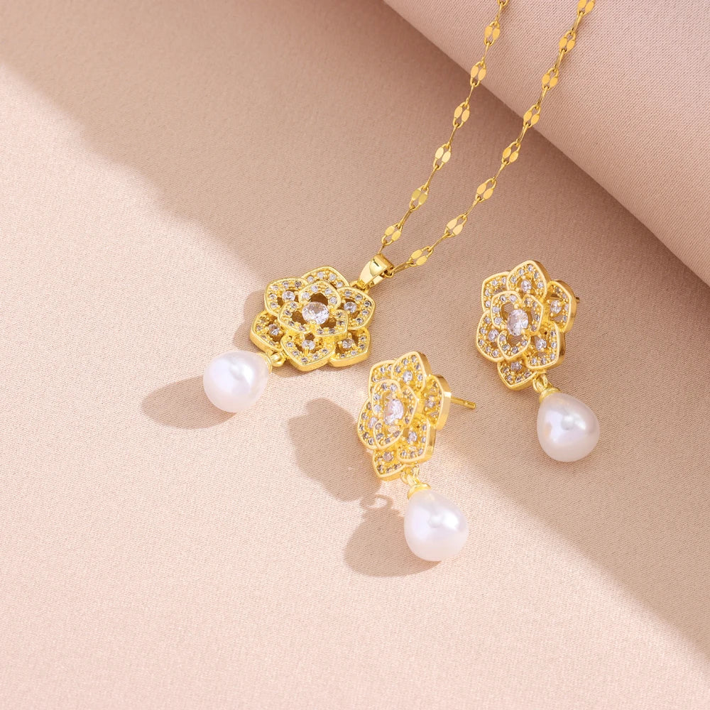 Luxury Retro Zircon Pearl Necklace & Earrings Set – 18K Gold Plated