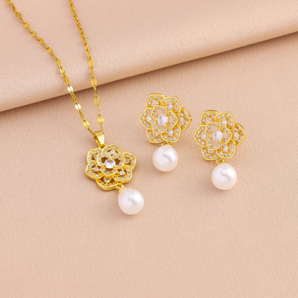 Luxury Retro Zircon Pearl Necklace & Earrings Set – 18K Gold Plated