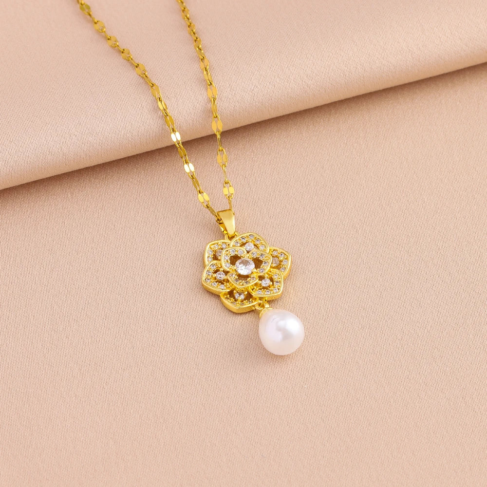 Luxury Retro Zircon Pearl Necklace & Earrings Set – 18K Gold Plated