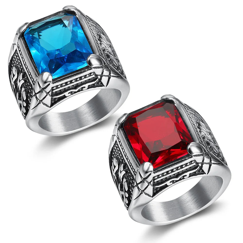 Men’s Silver Signet Ring with Red & Blue Semi-Precious Stone