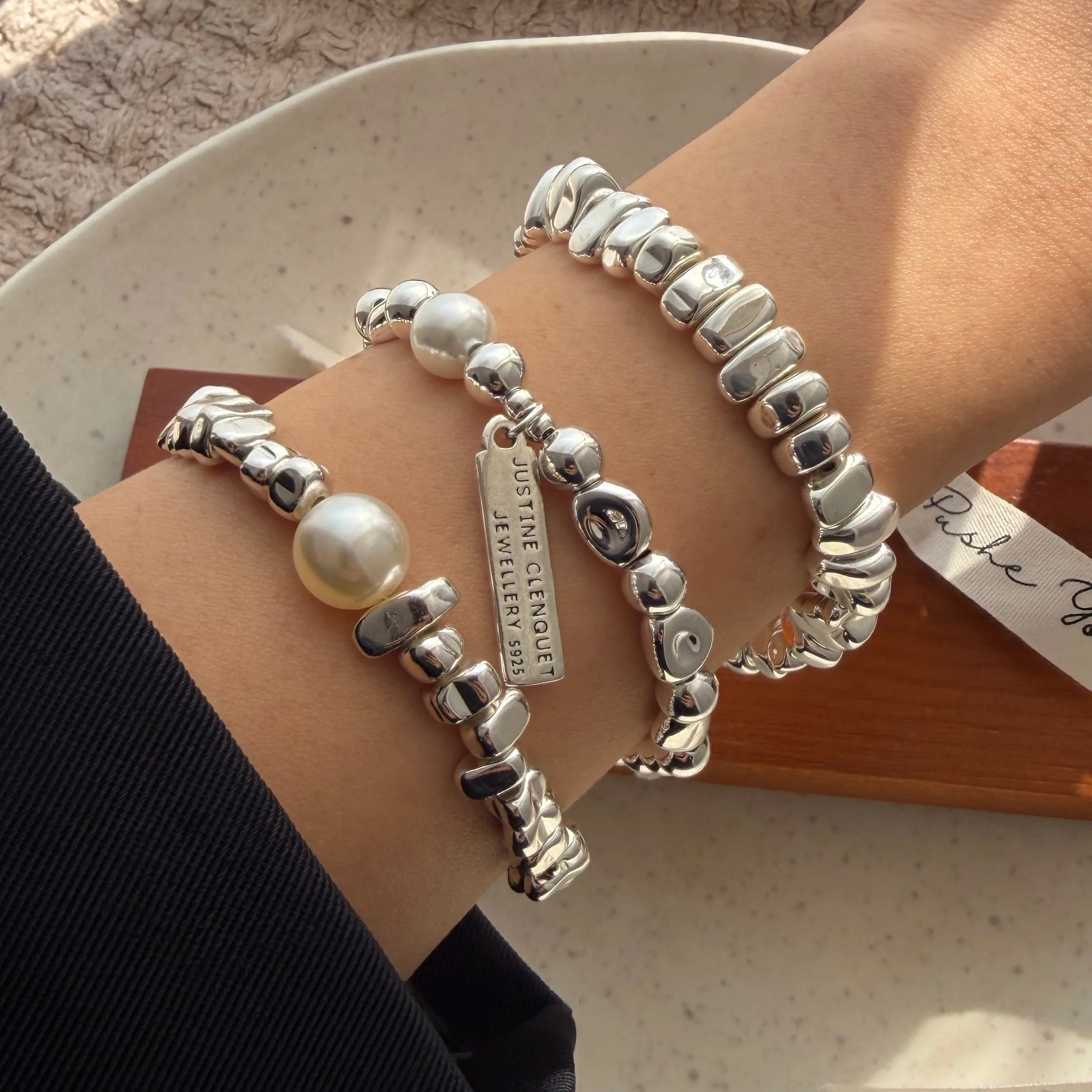 Retro Sterling Silver Geometric Pearl Bracelet