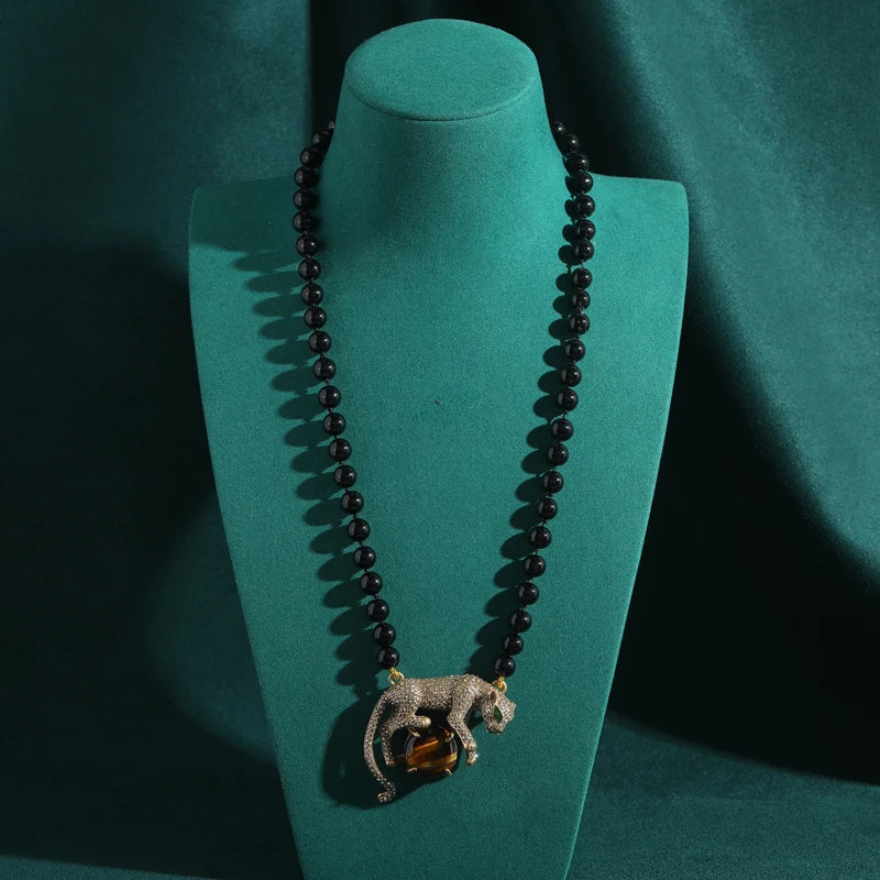 Retro Tiger Eye Leopard Pendant Necklace – Natural Stone, Vintage Gold