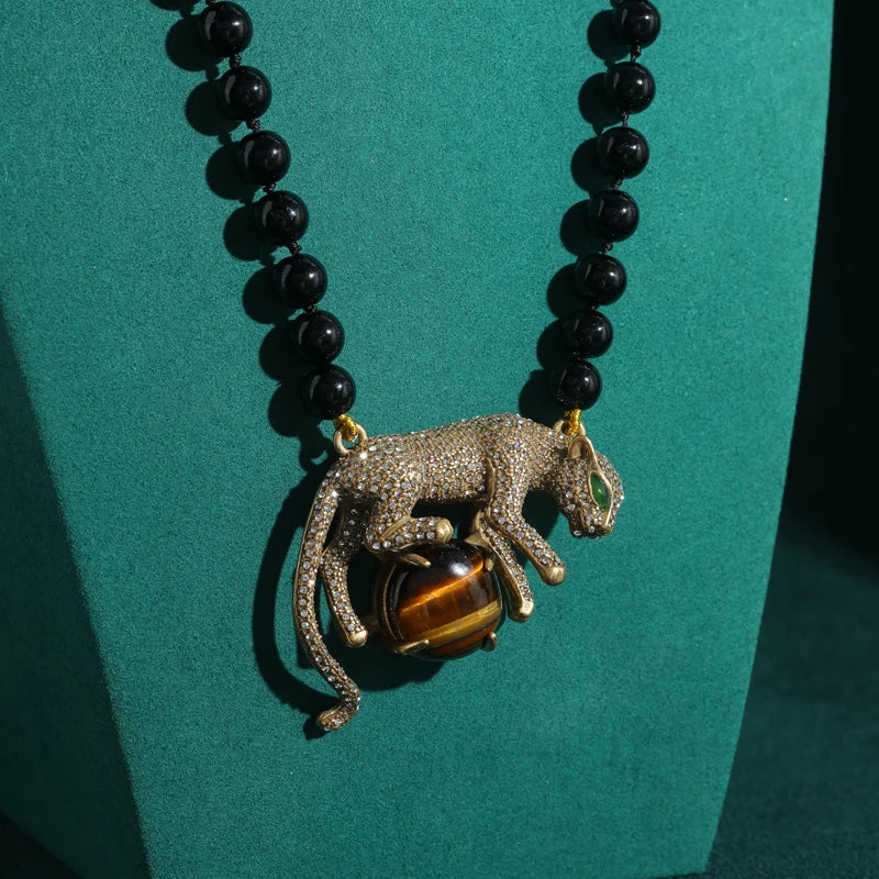 Retro Tiger Eye Leopard Pendant Necklace – Natural Stone, Vintage Gold