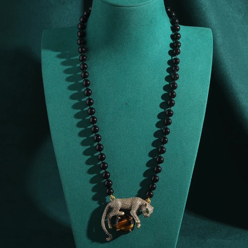 Retro Tiger Eye Leopard Pendant Necklace – Natural Stone, Vintage Gold