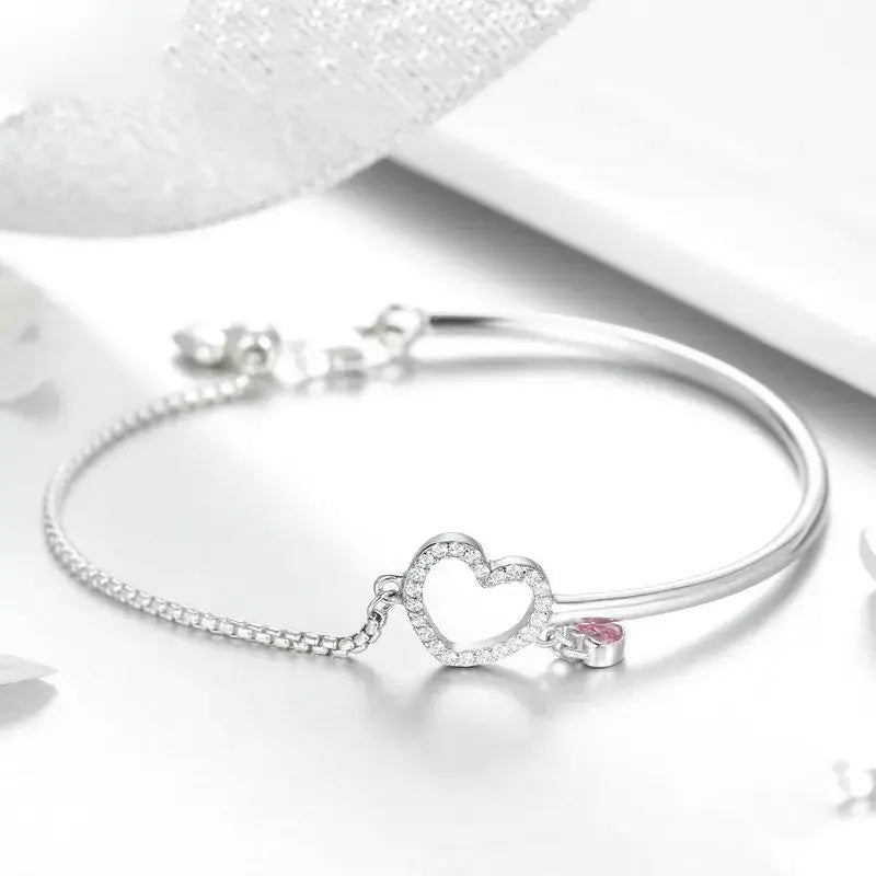 Romantic Sterling Silver Heart Pink CZ Bracelet for Women