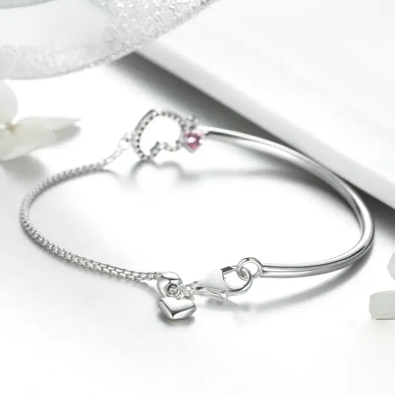 Romantic Sterling Silver Heart Pink CZ Bracelet for Women