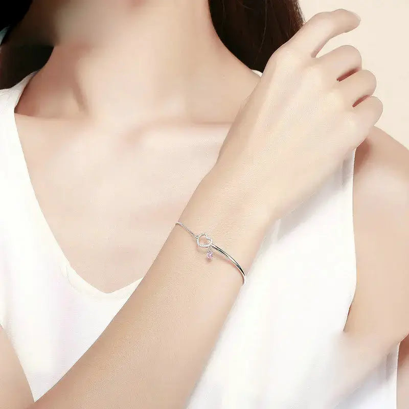 Romantic Sterling Silver Heart Pink CZ Bracelet for Women