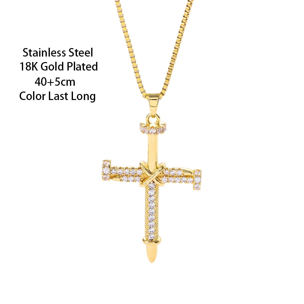 Zircon Inlay Nail Cross Pendant Necklace – Punk Stainless Steel Jewelry