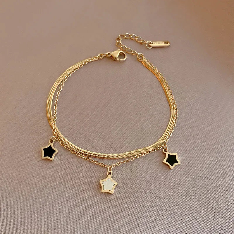 Stainless Steel Star Charm Necklace & Bracelet Set for Women