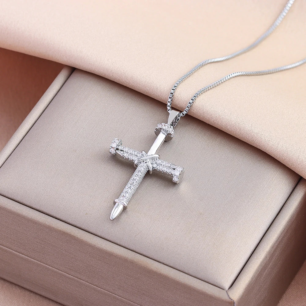 Zircon Inlay Nail Cross Pendant Necklace – Punk Stainless Steel Jewelry
