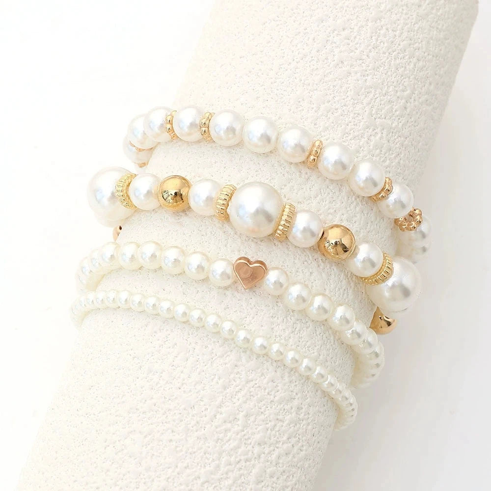 Korean Heart Charm Pearl Beaded Bracelet Set for Women