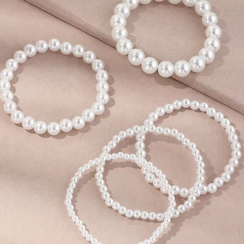 Elegant Layered White Pearl Stackable Bracelet Set