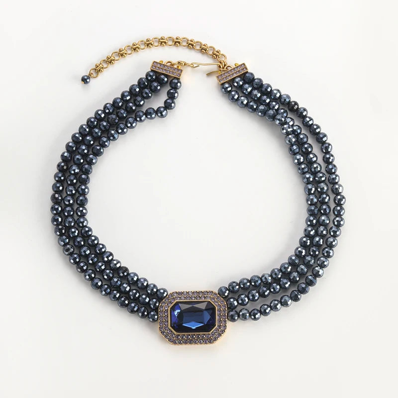 Blue Crystal Layered Beaded Necklace – Gold Summer Jewelry