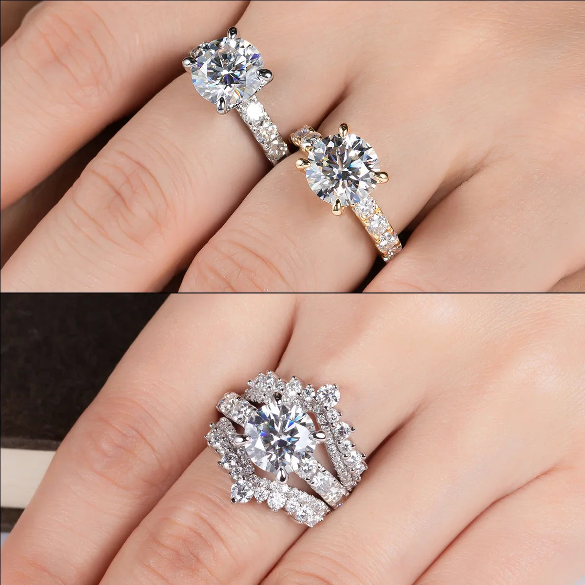 Luxury Moissanite Engagement Ring and Wedding Band in Sterling Silver