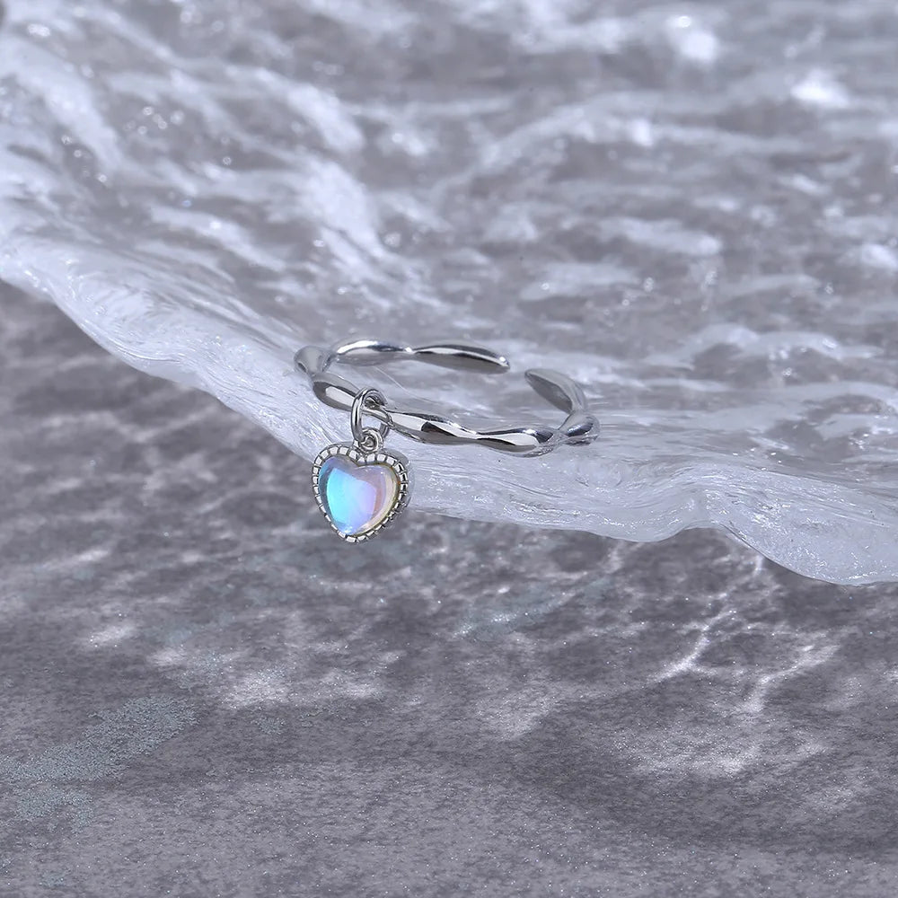 Mermaid Whale Tail Moonstone Stackable Ring – Blue Green Silver
