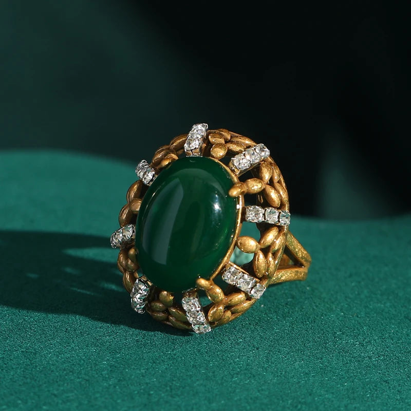 Vintage Gold Emerald Green Oval Stone Ring for Women