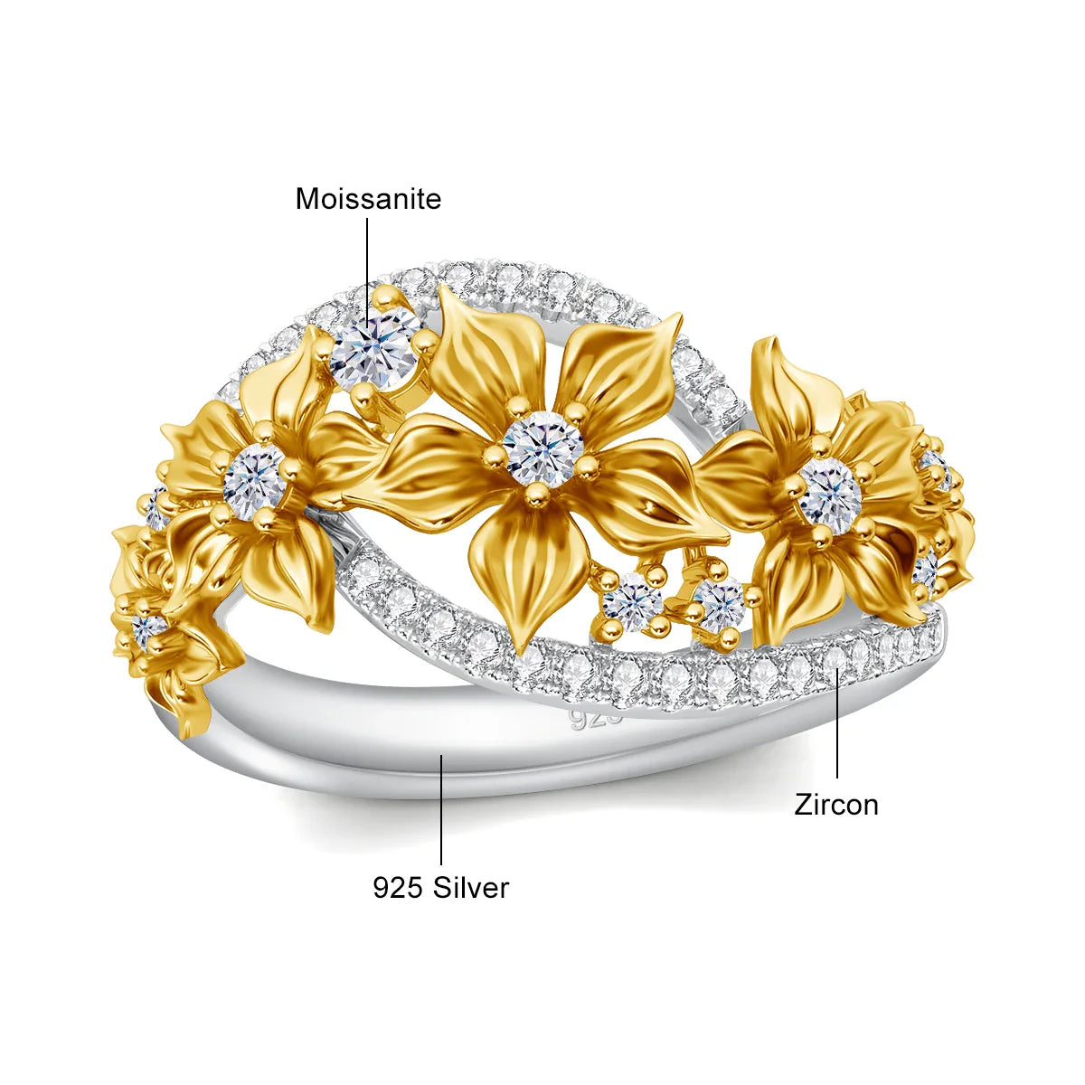 Luxurious Flower Moissanite Engagement Ring and Elegant Wedding Band