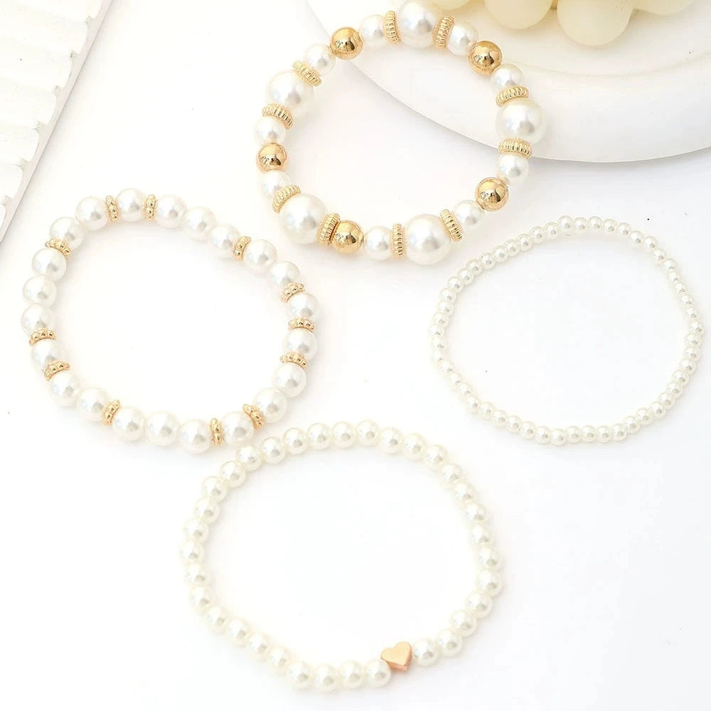 Korean Heart Charm Pearl Beaded Bracelet Set for Women