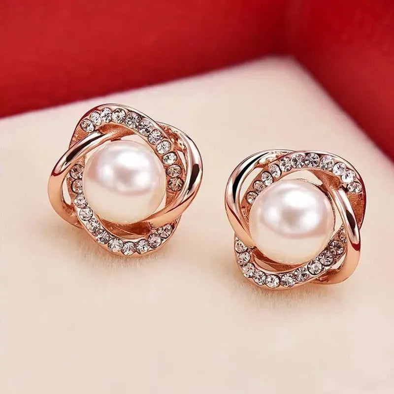 Gold Zircon Pearl Twist Stud Earrings – Luxury Women’s Jewelry