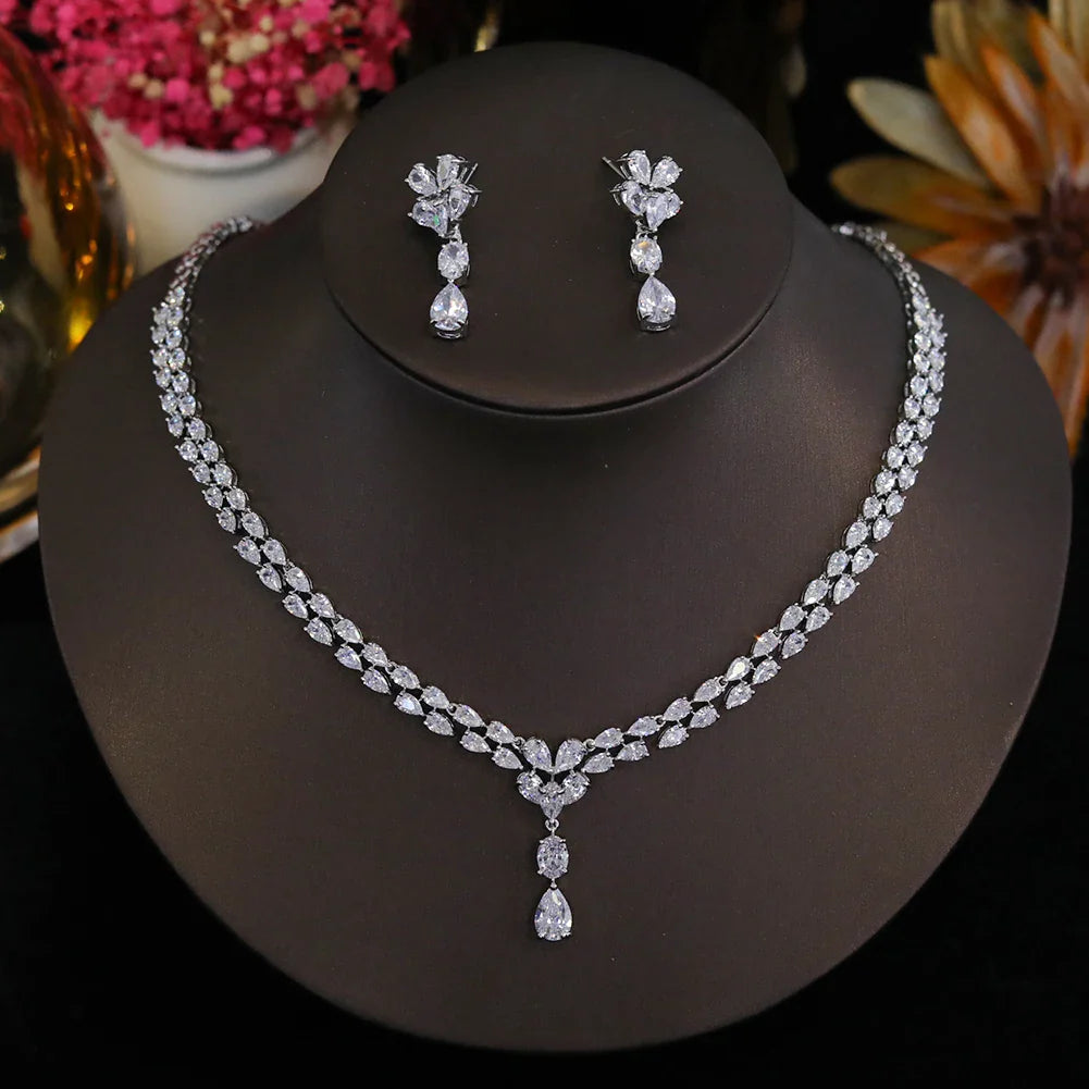 Luxury Cubic Zirconia Water Drop Necklace and Earrings Set for Women