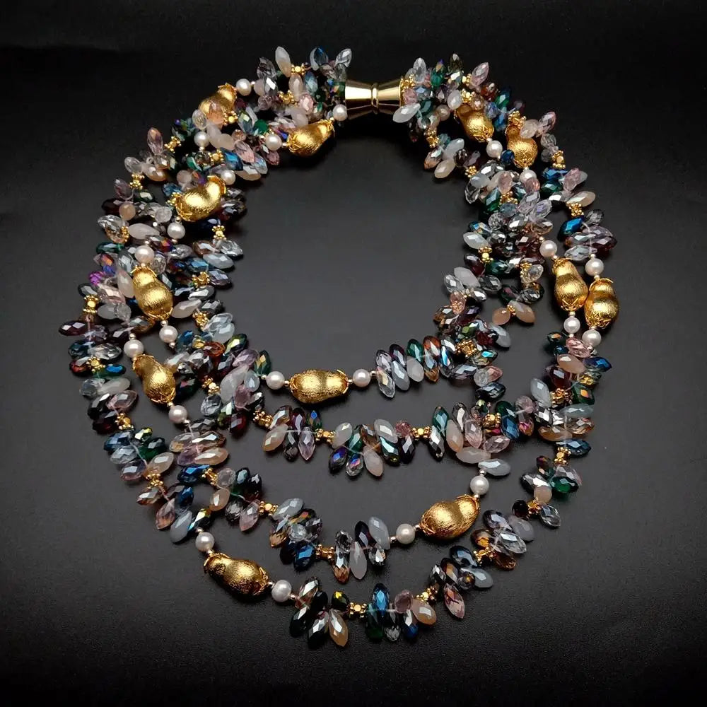 Elegant Multi-Color Crystal & White Pearl Statement Necklace Jewelry