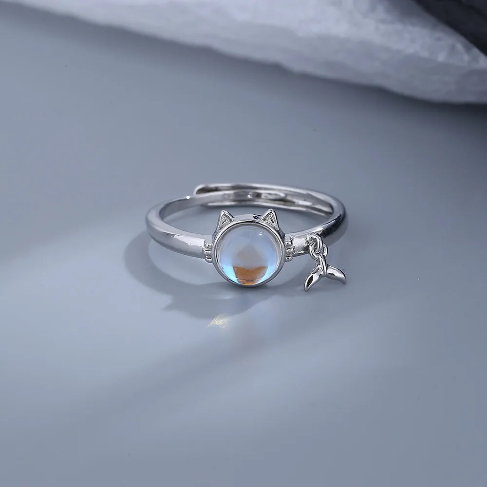 Mermaid Whale Tail Moonstone Stackable Ring – Blue Green Silver