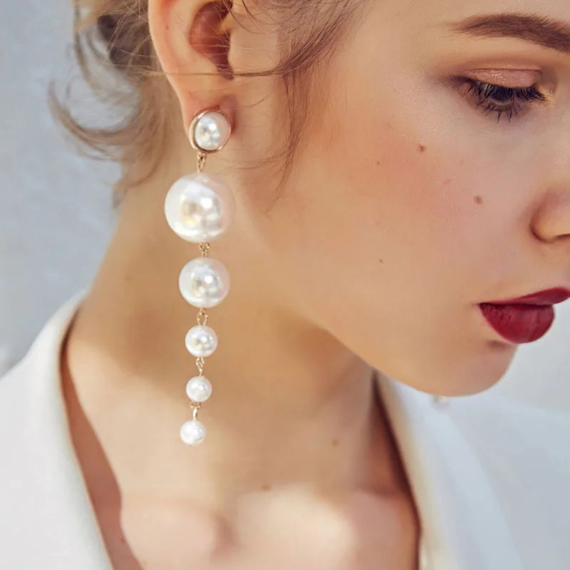 Classic Elegant Double Pearl Crystal Tassel Drop Earrings