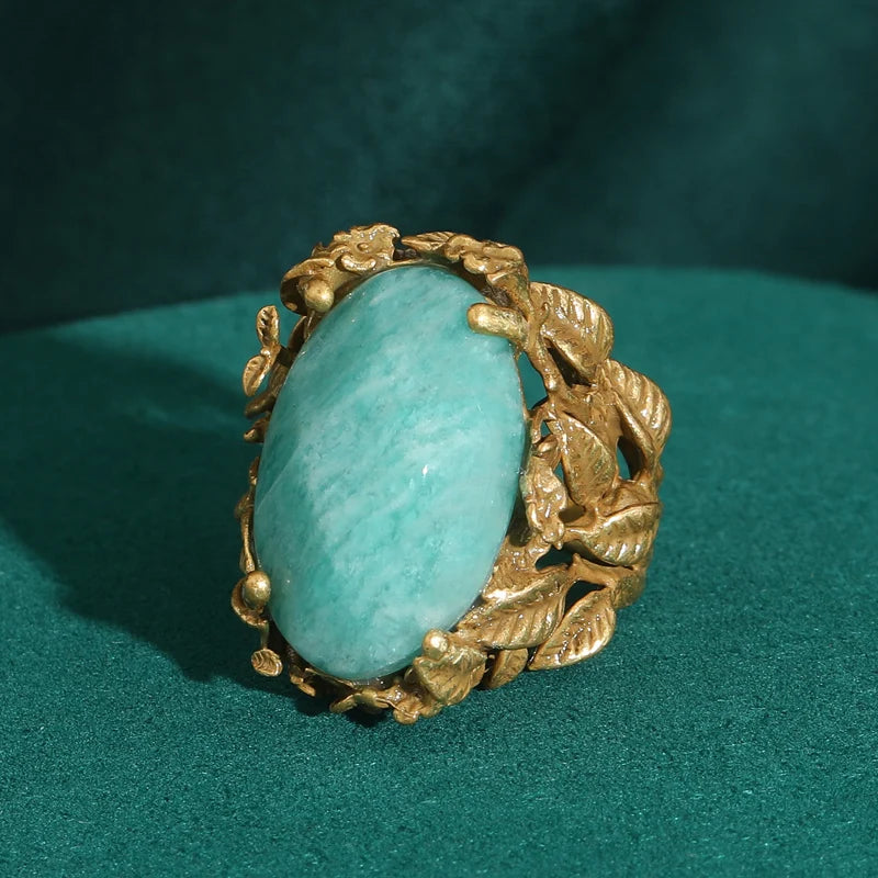 Vintage Nature-Inspired Emerald Bezel Ring in Gold Tone