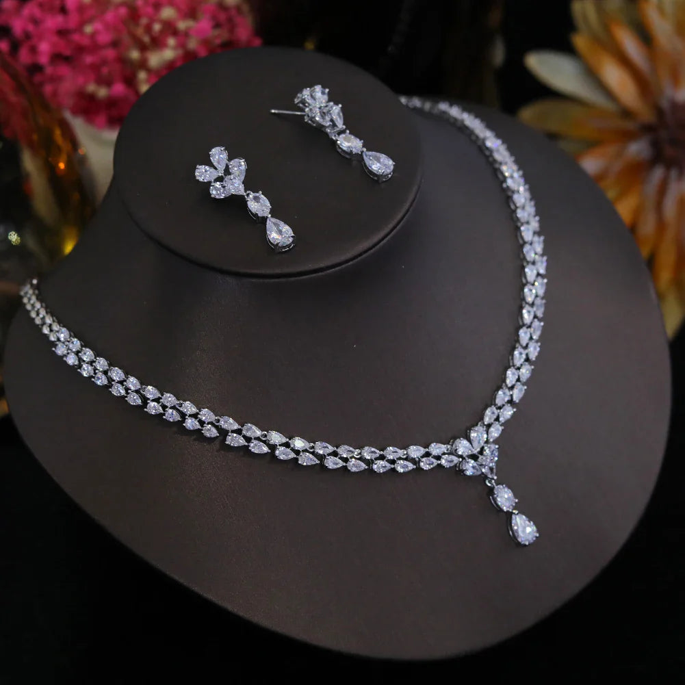 Luxury Cubic Zirconia Water Drop Necklace and Earrings Set for Women