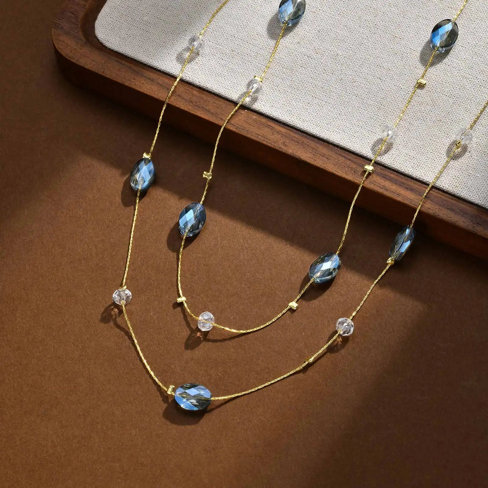 Blue CZ Layered Long Necklace – Sweater Chain for Women