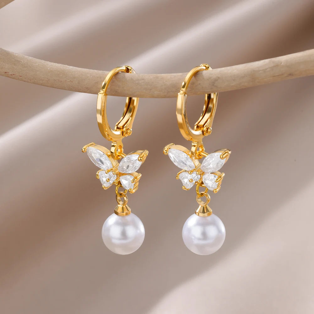 Gold Butterfly Pearl Zircon Earrings for Women – Luxury Jewelry Gift