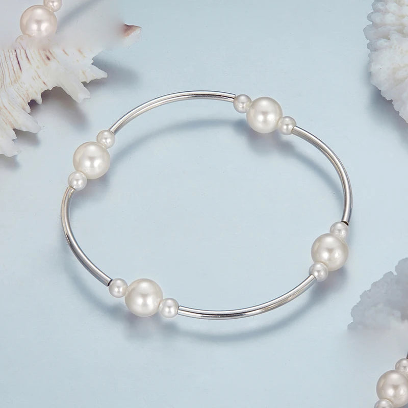 Elegant Sterling Silver Pearl Stretch Bracelet for Women